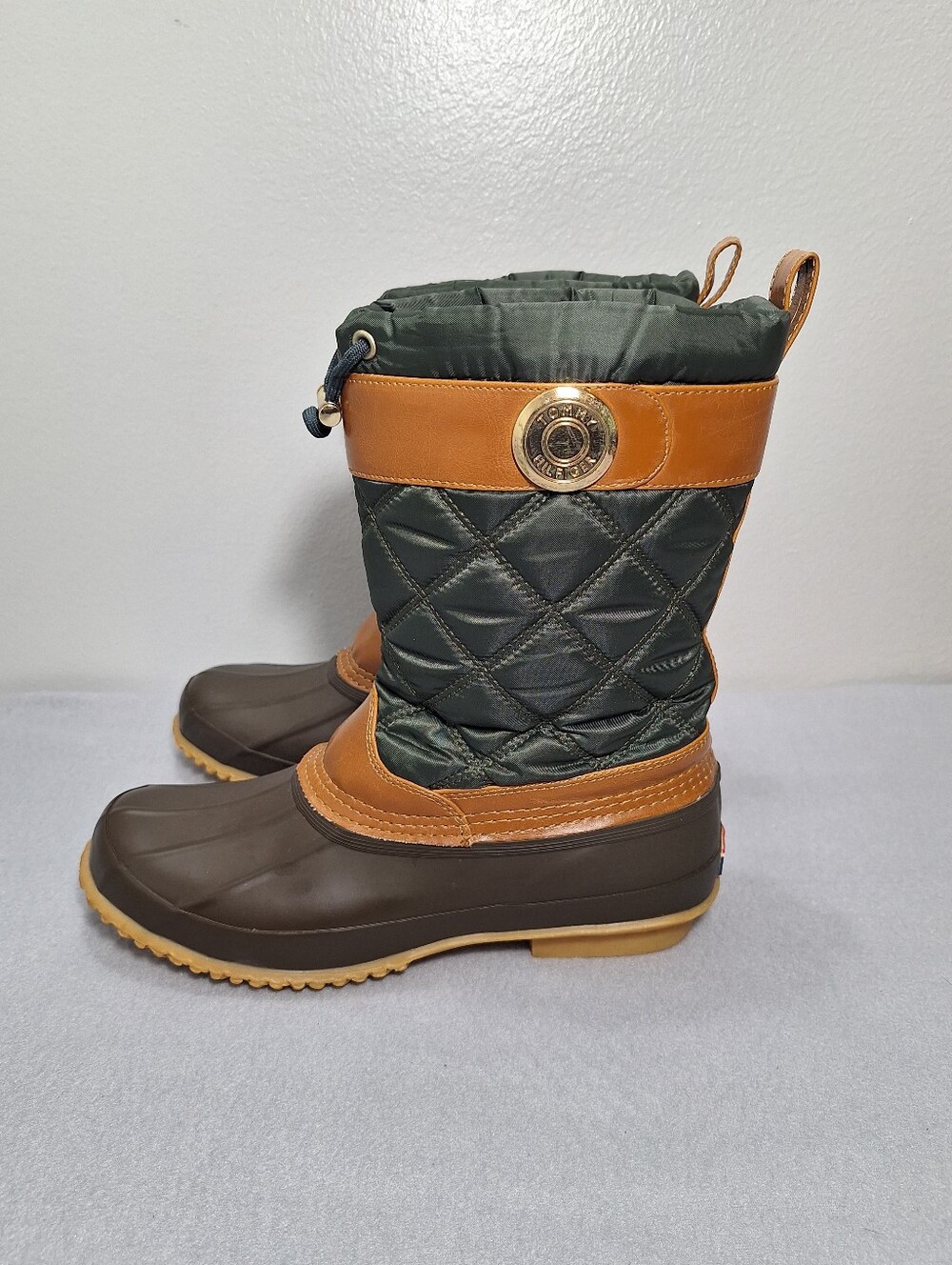 Tommy Hilfiger Hunter Green & Brown Quilted Rubber Mid-calf Duck Boots Wms 8